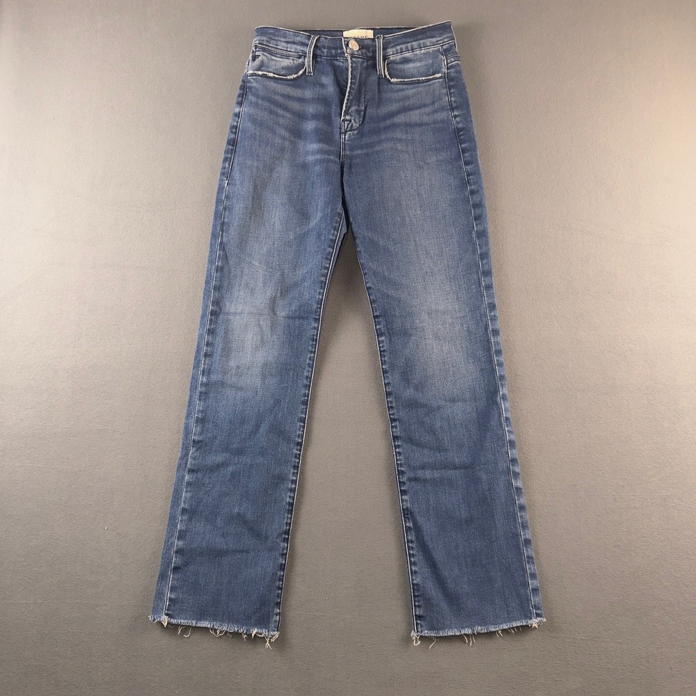 FRAME Le High Straight Jeans Quincy Grind Raw Hem Blue Denim‎ LHSTRA778 Size 26